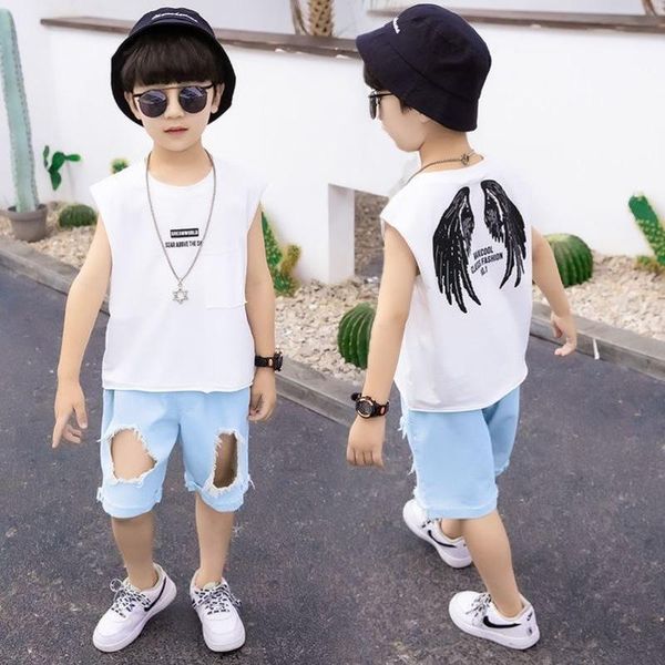 

clothing sets 2021 children's summer boy casual fashion letter printing short-sleeved t-shirt vest + ripped trousers kids two-piece sui, White