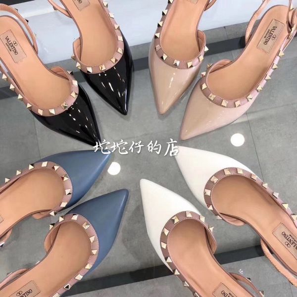 

luxury dress shoes french rivet high sho women's 2021 thin heeled flat bottom versatile pointed liuding leather sandals, Black