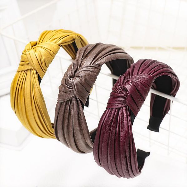 

hair accessories vintage fold pu leather cloth bezel solid bands for women clips turban knot headband hairband girls