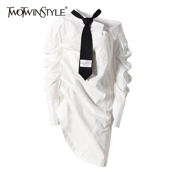 

irregular patchwork tie dress for women long sleeve white ruched elegant midi shirt dresses female fashion new 210428, Black;gray