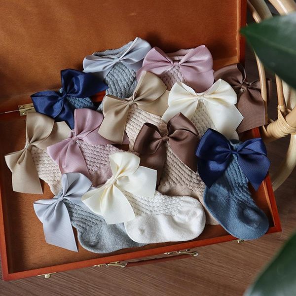 

socks cute bow kids toddlers girls princess solid short hollow out floor spanish pineapple style socken for 0-5years, Pink;yellow