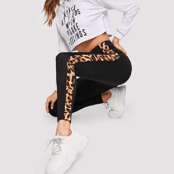 

yoga outfit side leopard seamless stitching high waist leggings stretch pants nine-point fitness sweatpants