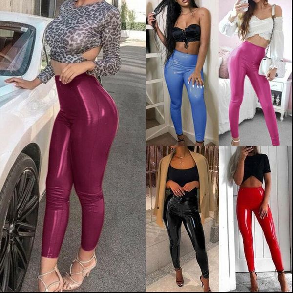 

womens ladies women pant fashion pu leather high waist pencil pants stretch trousers streetwear clubwear blue black wine red pink, Black;white