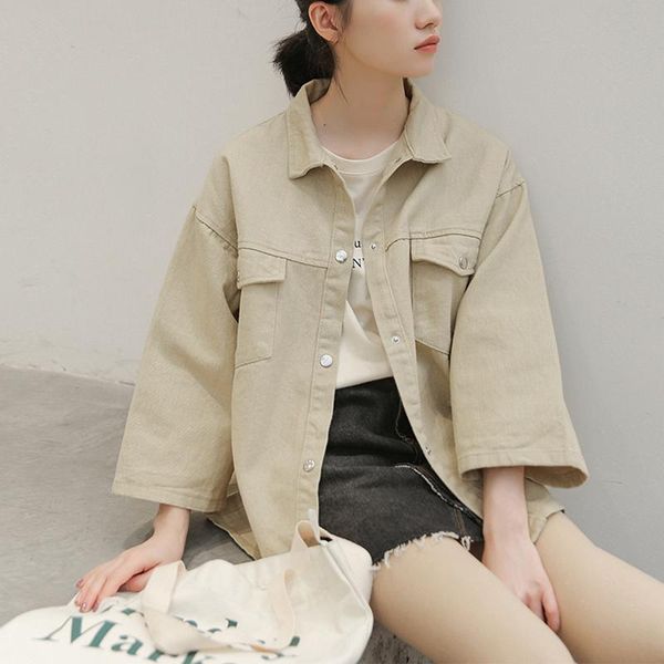 

women's jackets fashion boyfriend style loose denim jacket women long sleeve harajuku streetwear coat solid turn down collar pockets ou, Black;brown