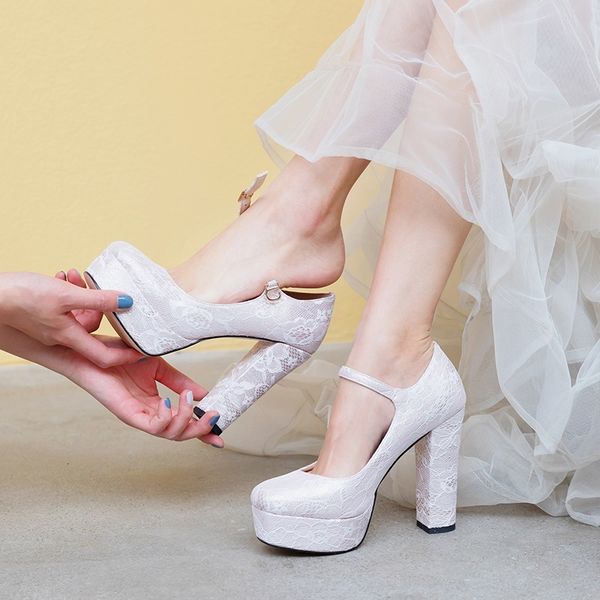 

sandals spring lace thick-heeled high-heeled waterproof platform buckle belt comfortable bridal wedding shoes banquet dress women', Black