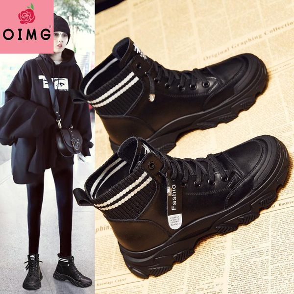 

boots oimg women's shoes autumn and winter warm plus velvet short thick bottom casual single british style boot, Black