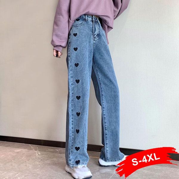 

plus size heart embroidery y2k baggy wide leg jeans 4xl street vintage retro harajuku women ripped denim pant patchwork trousers women', Blue