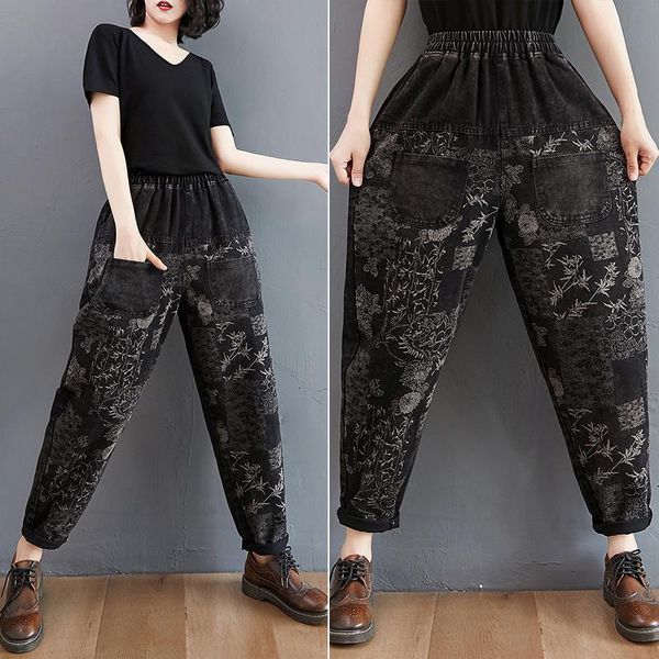 

winter women's fashion loose thickening literary flowers printed jeans female casual retro big pocket denim harem pants, Blue