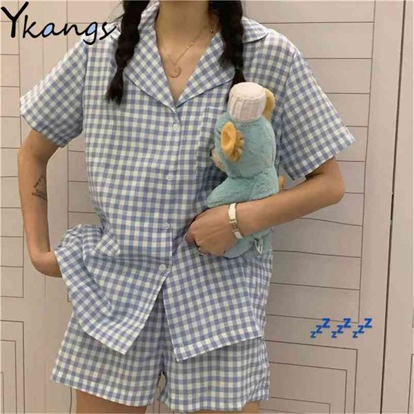Kore Ekose Pijama Yaz Pijama Kadınlar Kızlar Için Kısa Kollu Homewear Iki Parçalı Set İnce Pijamas Nighty Lounge Giyim 210421