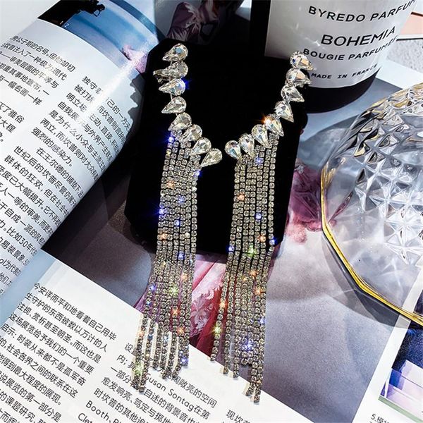 

dangle & chandelier long tassel full rhinestone drop earrings for women girls bijoux shiny water crystal jewelry party gifts, Silver