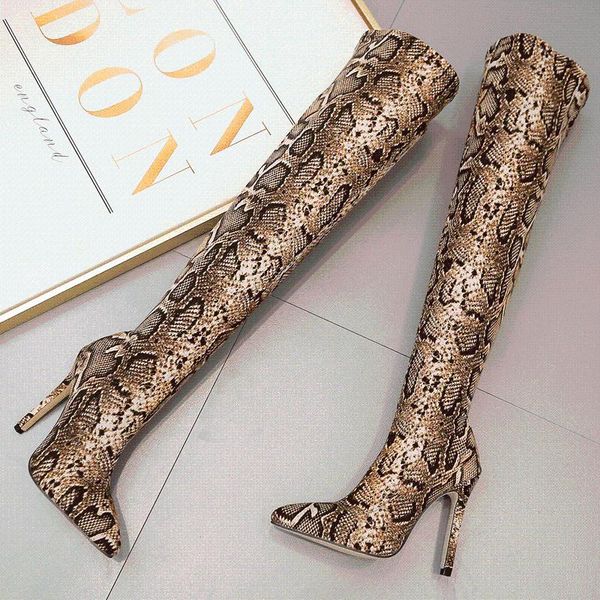 

boots women high heels luxury designer pointe shoes snake print round toe boots-women stiletto fashion pointy ladies over-, Black