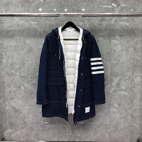 

down coat dongguan direct sales tb winter jacket denim splicing medium and long men's women's same, Black