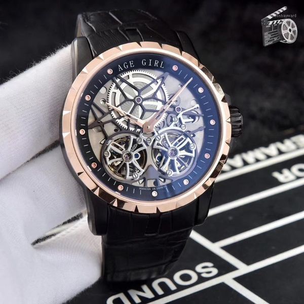 

classic men automatic mechanical watch rose gold black brown leather two tourbillion 10 sapphire watches 47mm skeleton wristwatches, Slivery;brown