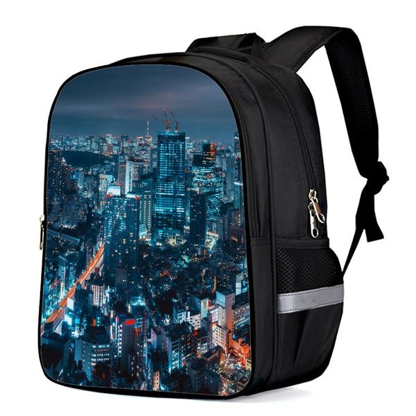

backpack blue night view city building simple student schoolbag boys and girls backpacks fashion