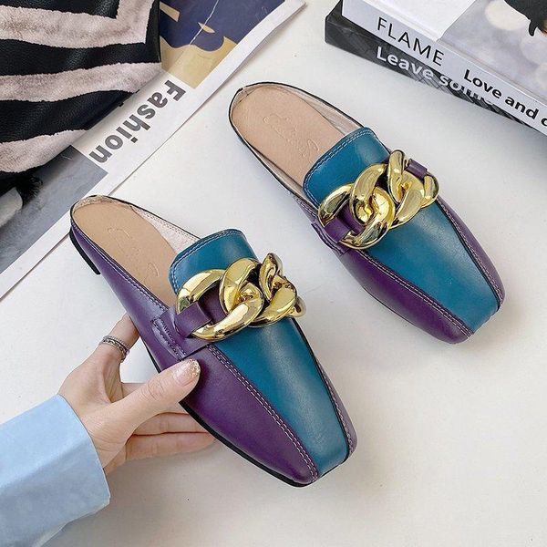 

leather shoes woman slippers slides sqaure toe metal chain decoration mules slipper women casual party plus size, Black