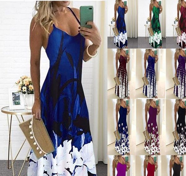 

vintage floral print womens dress spaghetti strap v neck long dresses women summer beach party tunic plus, Black;gray