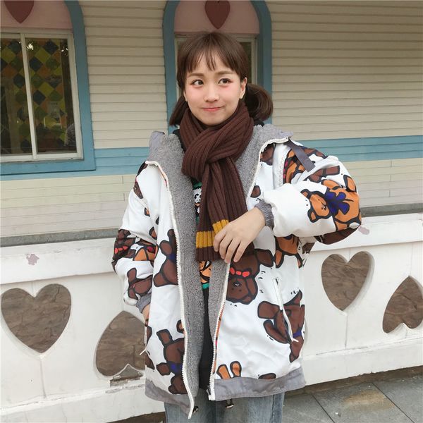 

women's jackets cute bear print all-match casual cotton coats women on both sides wear coat kawaii soft warm loose harajuku jacket, Black;brown