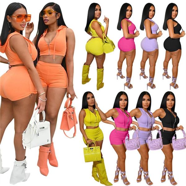 

women's tracksuits rstylish 2021 summer sportswear solid hooded zipper crop casual biker shorts women two piece matching sets, Gray