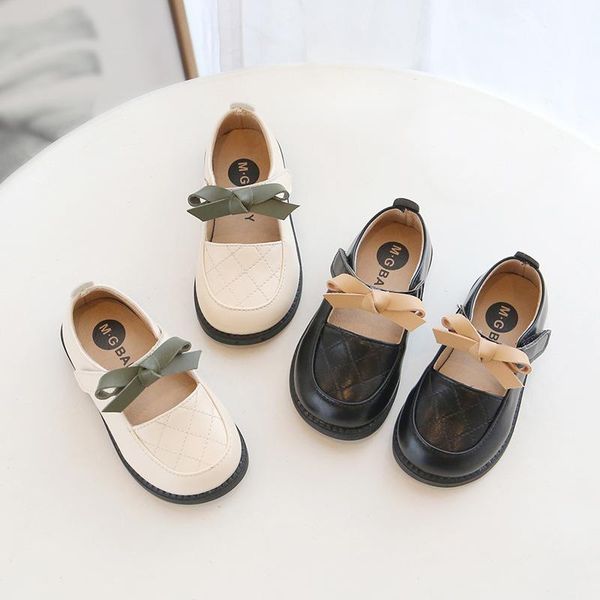 

flat shoes autumn kids leather heels bow little girl sot bottom children girls princess size 21-30 smg165, Black;grey