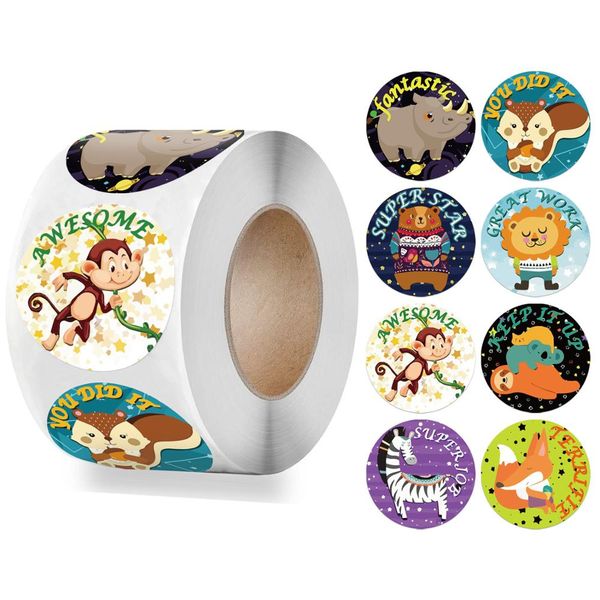 

500pcs/roll reward stickers cute animals encouragement sticker roll for kids students teachers 1 inch motivational stickers