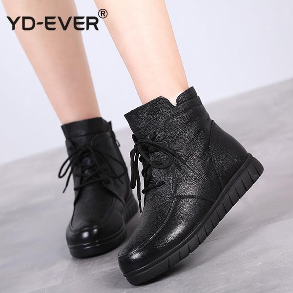 

boots winter warm women shoes woman genuine leather flat ankle female lace-up snow, Black
