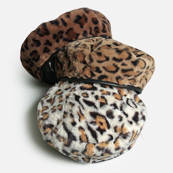 

berets winter leopard cow print faux fur plush beret hats for women outdoor soft warm painter hat lady vintage walking cap, Blue;gray