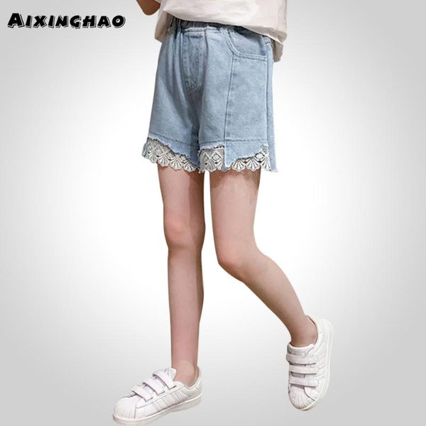 

jeans summer for girls lace children's short girl patchwork kid's solid color clothes 6 8 10 12 14, Blue