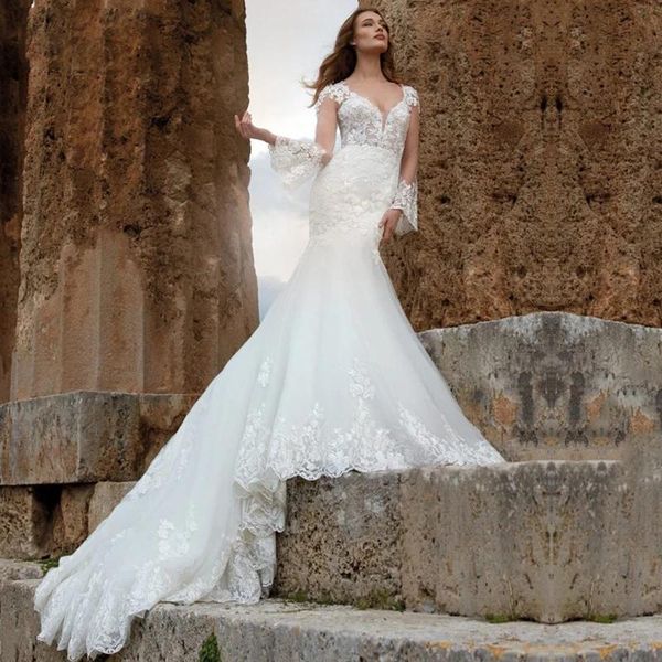 

luxury wedding dress v-neck lace up appliques lace bridal gowns mermaid tulle flare long sleeves vestito da sposa custom made, White