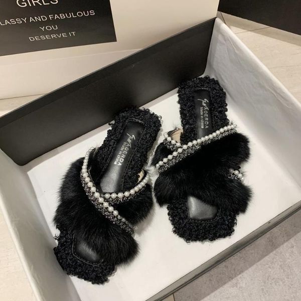 

women fur slippers 2021 autumn winter fashion pearl wear plush cross flat bottom wild home shoes, Black