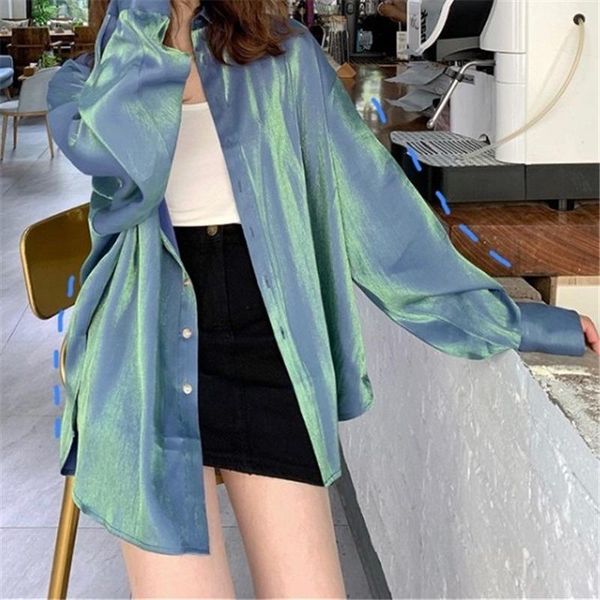 

women's blouses & shirts retro casual satin faux luster silk stand collar loose single-breasted cardigan long sleeve blusas mujer, White
