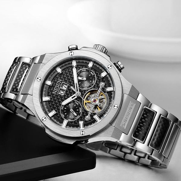 

men fashion business tourbillon automatic mechanical wristwatches sapphire waterproof sports watches relogio masculino, Slivery;brown