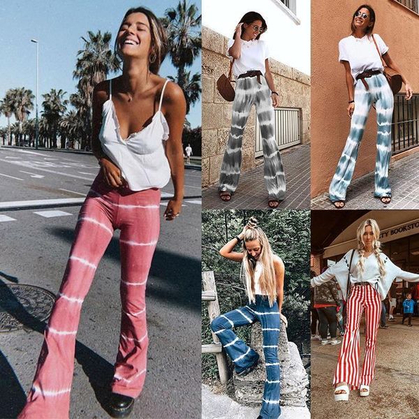 

high waist bell bottoms tie women pants dye flared spring summer casual female slim elastic plus size, Black;white