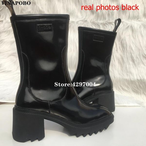 

boots real pos rain black white women ankle boot square toe mid block heel oversize platform zip side shoes