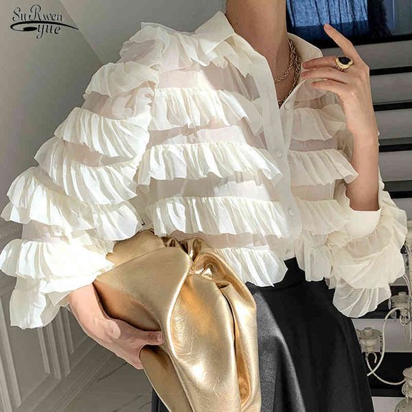 

spring korean heavy work cupcake ruffles blouse women turn down collar long sleeve loose blusas ol feminino shirt 13336 210521, White