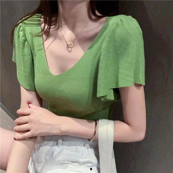 

women's t-shirt 2021 arrivals solid summer knitted ladies o-neck lotus leaf sleeve female fashion chic sweet women tees, White