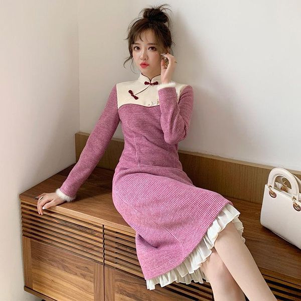 

casual dresses autumn and winter cheongsam padded 2021 fashion slim girl temperament high-end improved long sleeve dress, Black;gray