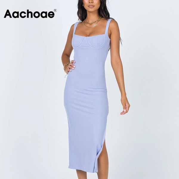 

women knitted bodycon dresses summer beach spaghetti strap midi solid color sleeveless backless split dress 210413, Black;gray
