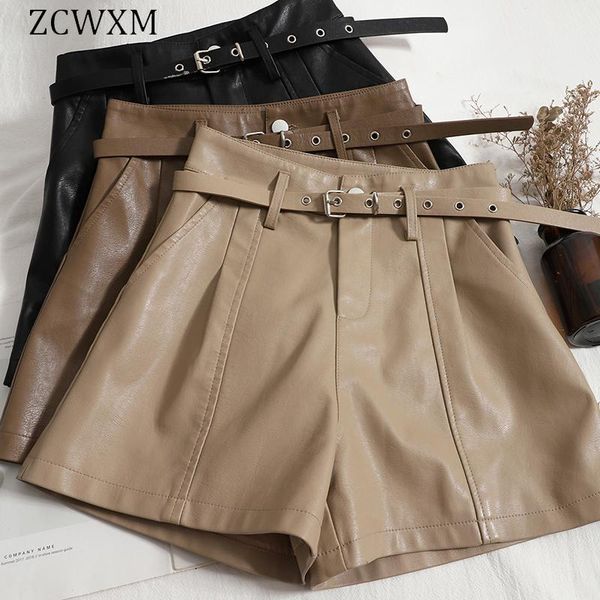 

women's shorts zcwxm pu leather woman high waist with belt pocket female casual loose korean black short pants mujer, White;black
