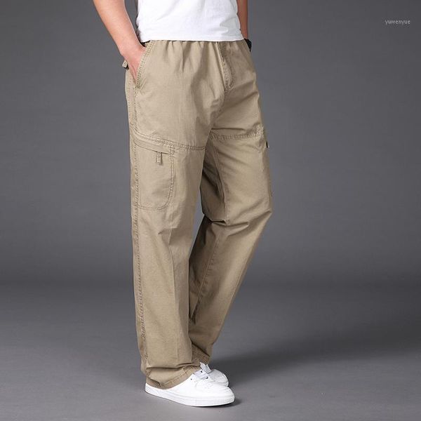 

straight pants men casual safari style loose mens cargo mid-waist full length solid color male sweatpants plus size 6xl men's, Black