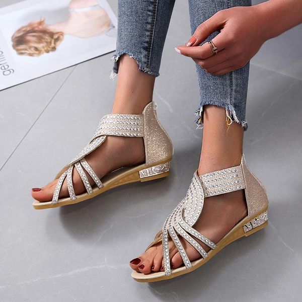 

sandals large size women's fashion rhinestone wedges women roman style tide, Black