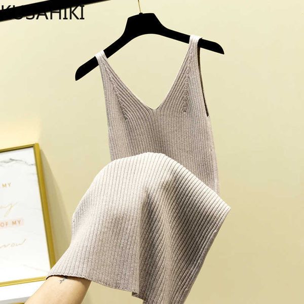 

knitted spaghetti strap women dress korean sleeveless v-neck sweater dresses causal solid basic vestidos femme 6e780 210603, Black;gray