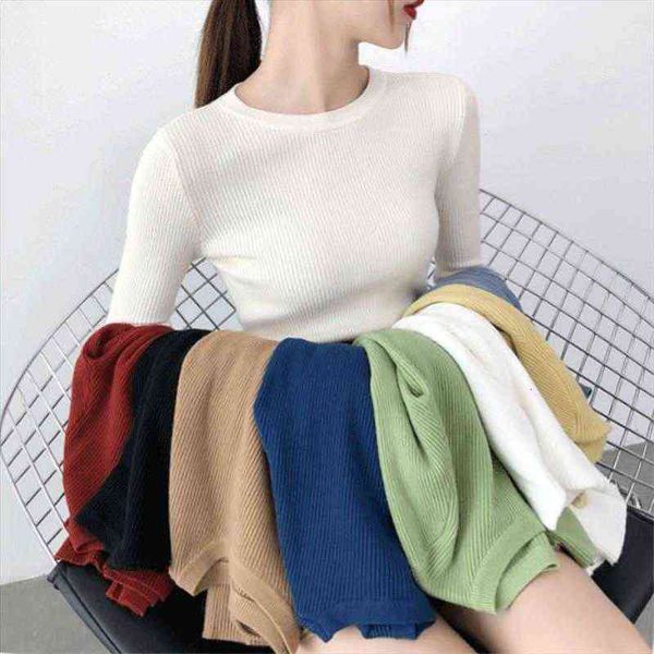

autumn winter women korean womens sweaters knitted bottoming shirt long sleeve round neck girl basic pullovers white pink, White;black