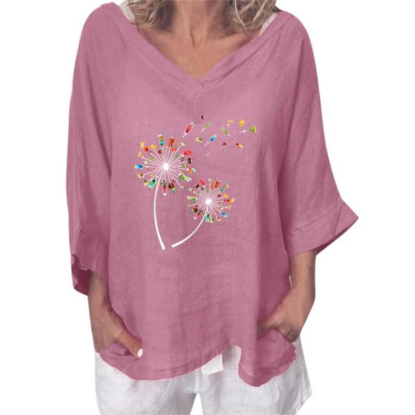 

women's blouses & shirts overd size womens and women 3/4 sleeve v-neck cotton linen printed loose blusas mujer de moda 2021, White