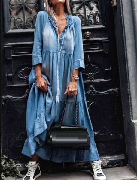 

casual dresses vestidos boho hippie chic blue 3/4 sleeve v neck tassel hem ruffle loose maxi dress 2021 plus size women clothing 3xl, Black;gray