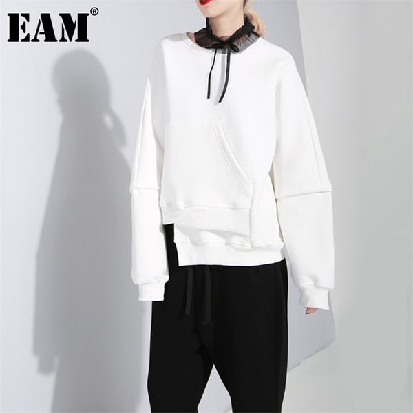 

[eam] loose fit irregular pocket white sweatshirt round neck long sleeve women fashion spring autumn 1dd5125 210813, Black