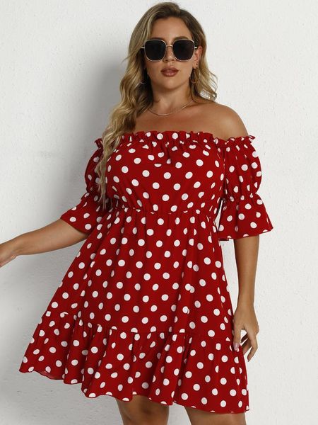 

plus size dresses summer women's dress 2021 fashion slash neck short sleeve polka dot print off shoulder ruffles beach, Black