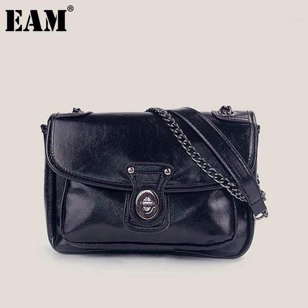 

evening bags [eam] women black vintage chain motorcycle bag pu leather flap personality all-match shoulder fashion tide 2021 18a3715
