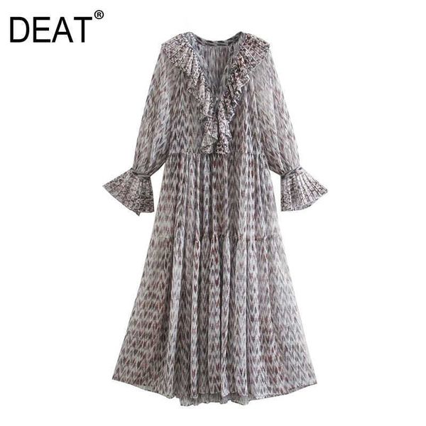 

[deat] spring autumn fashion v-neck high waist ankle-length ruffles long sleeve loose printing dress 13w878 210527, Black;gray