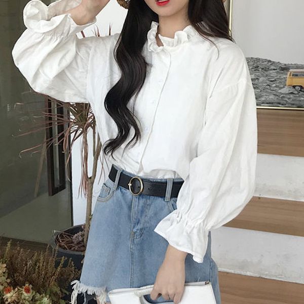 Design Ruffle Camisa Branca Slow Slow Sleeve Top Mulheres Coreano Moda Collared Camisa Elegante Roupas Solta Blusa Femme Casual XS