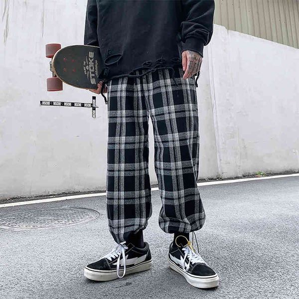 

spring and summer men's casual korean-style loose-fit plaid cropped pants, Black